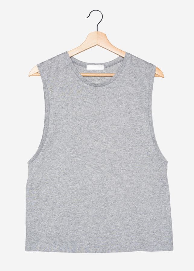 Grey marl combed cotton inner vest on a wooden hanger