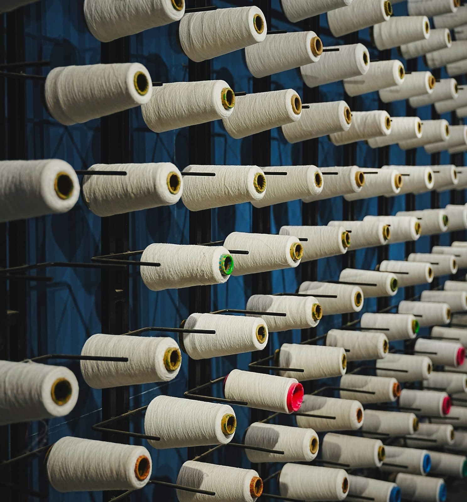 Rows of white cotton yarn cones on a spinning mill creel